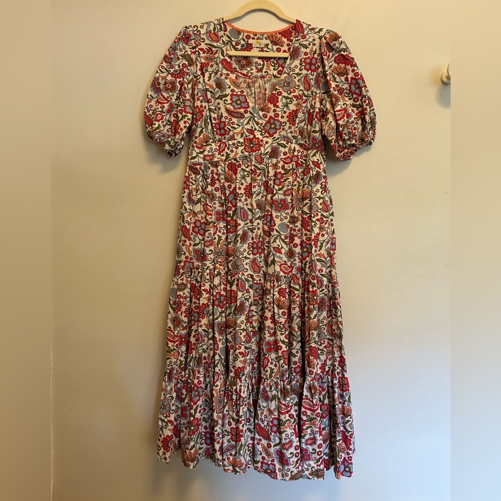 Boden floral maxidress with puff sleeve, tiers, and pockets